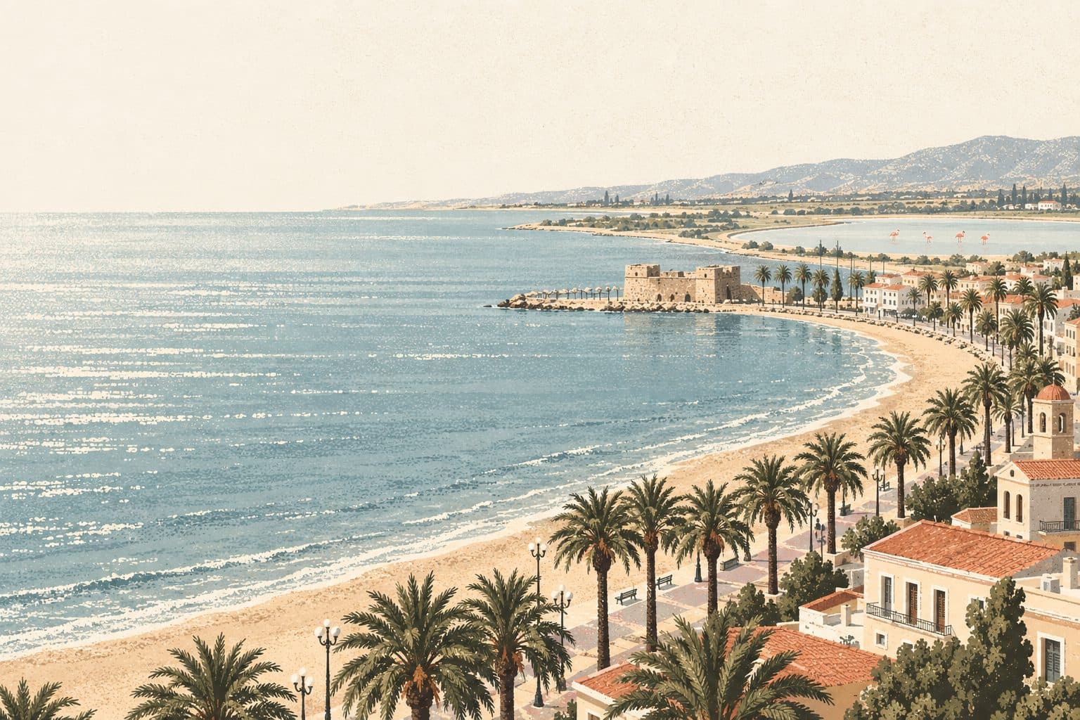 Larnaca's palm promenade, beach and fort