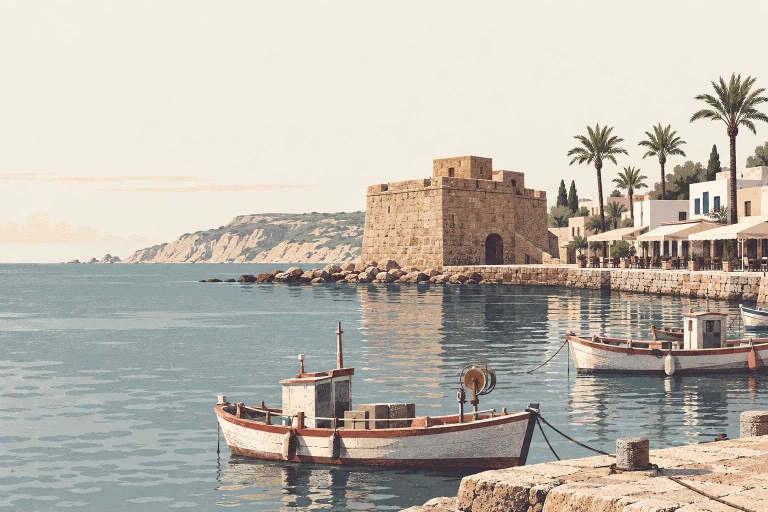 Paphos harbour with its medieval fort and fishing boats