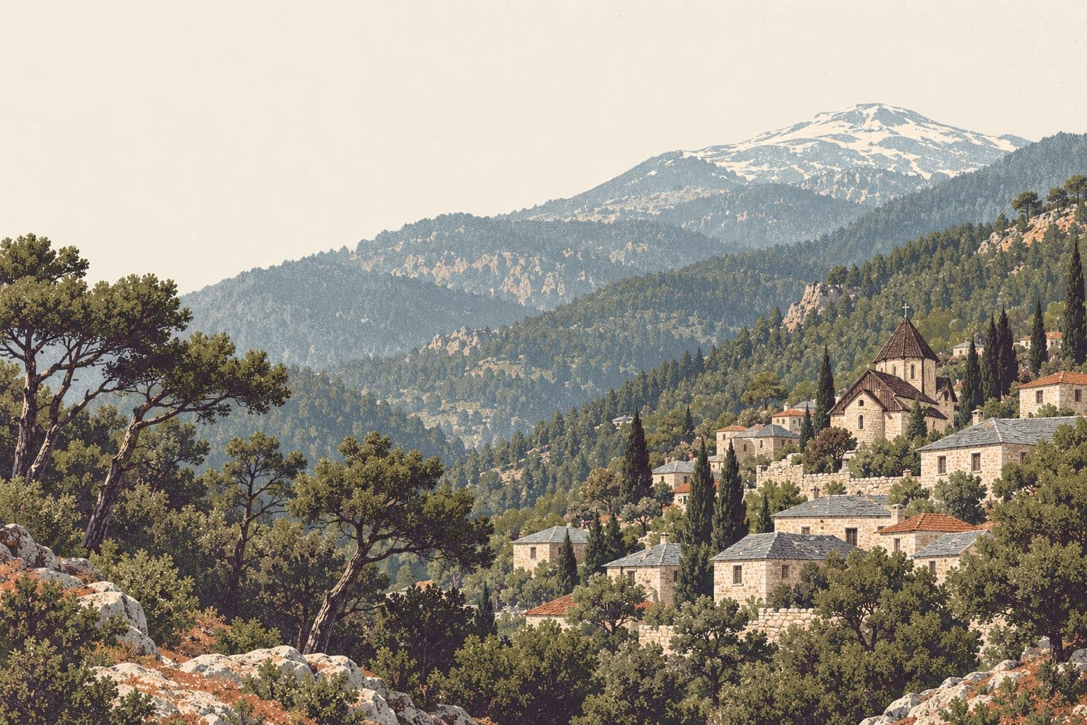 Pine forest and a slate-roofed village in the Troodos mountains